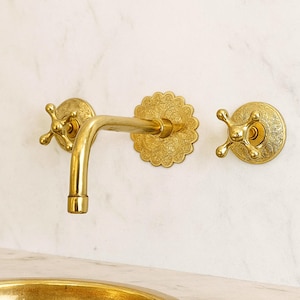 Solid Brass Wall Mount Faucet – Brass Bathroom Sink Faucet with Engraved Cover Plate