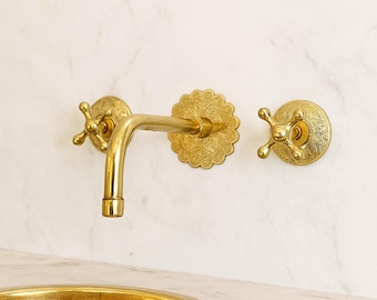Handmade Solid Brass Wall Mount Faucet: Moroccan Floral Engraved Plate