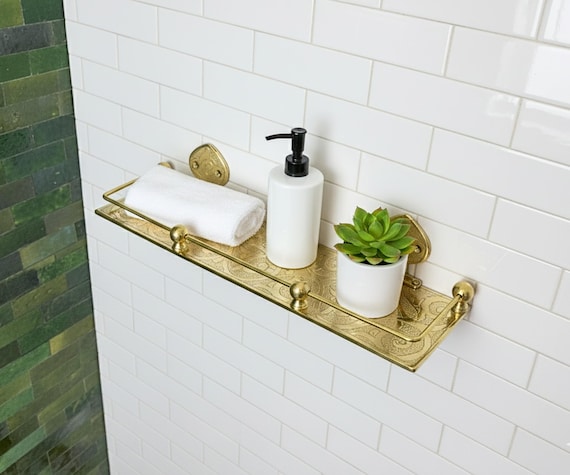 Brass Wall Shelf – Hand Engraved Moroccan Floating Shelf for Bathroom & Kitchen