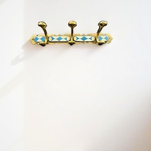 Brass Wall Hooks with Bone & Blue Resin Inlay – Moroccan Coat Rack – Wall Mounted Brass Hanger for Entryway or Bathroom