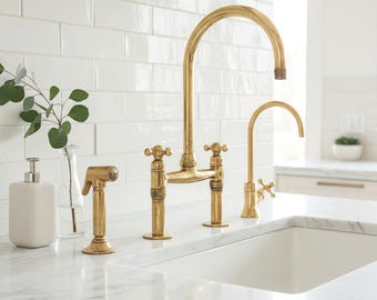 Artisan Unlacquered Brass Bridge Faucet Set with Sprayer & Cold Water Tap