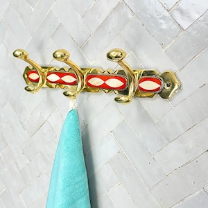 Handcrafted Brass Wall Hooks with Bone & Orange Resin Inlay – Vintage Brass Coat Rack for Entryway, Bathroom, or Kitchen