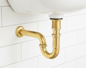 Unlacquered Brass P-Trap Kit – Solid Brass Bathroom Sink Drain & Adjustable Siphon with Pop-Up Stopper