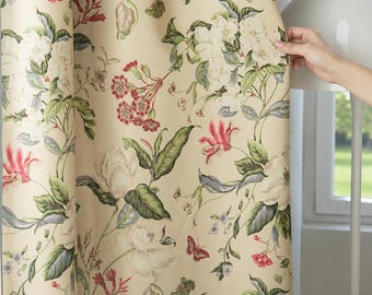Vintage Botanical Floral Curtains, Cream Linen Look Blackout Drapes, Cottage Window Panels