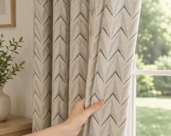 Beige Chevron Jacquard Curtain, Modern Textured Drapes, Neutral Living Room Bedroom Panel