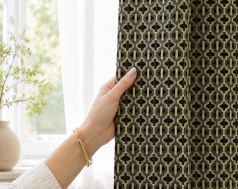 4 Colours Olive Green Geometric Jacquard Curtains, Vintage Pattern Window Drapes
