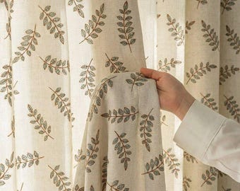 Custom Farmhouse Cottage Drapes Leaf Printed Linen Blend Patterned Curtains For Bedroom Living Room