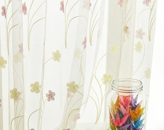Embroidered Floral Sheer Curtains, Nordic Botanical Light Filtering Voile Drapes
