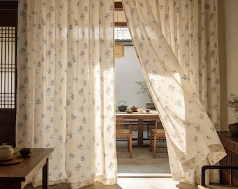 Rustic Floral Linen Curtains: Farmhouse Cottage Drapes for Bedroom Living Room