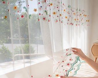 Embroidered Floral Sheer Curtains, White Voile Window Panels, Cottage Style Drapes