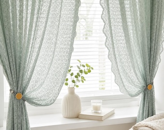 Mint Green Lace Curtains, White Sheer Floral Voile Window Drapes, French Cottage Style