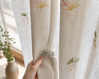 Embroidered Linen Sheer Curtain, Pastel Floral Botanical Panel, Light Filtering Drapes