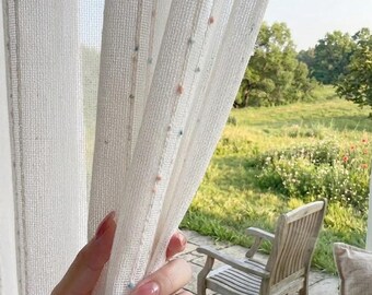 White Sheer Curtains with Colourful Speckles, Textured Tulle Drapes, Boho Window Treatment
