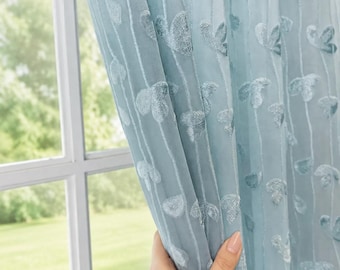 Blue Embroidered Sheer Curtain, Butterfly Leaf Pattern Voile Drapes, Living Room Bedroom