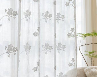 White Floral Embroidered Sheer Curtains, Botanical Voile Window Drapes