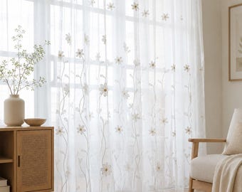 White Daisy Embroidered Sheer Curtains, Nordic Floral Voile Drapes, Light Filtering Window Panels