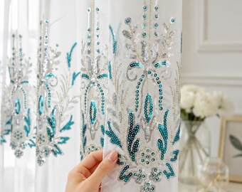 White Sheer Curtains, Teal Silver Sequin Floral Embroidery, Luxury Voile Panel Drapes