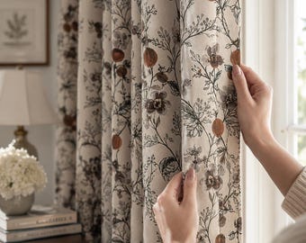 Botanical Floral Blackout Curtains, Linen Look Drapes, Vintage Window Treatments