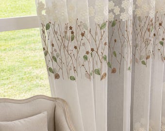 White Embroidered Sheer Curtains, Botanical Floral Voile Panel, Living Room Drapes