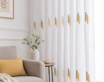 Embroidered Wheat Leaf Sheer Curtains, Nordic Farmhouse Linen Look Drapes, Custom Panel