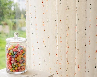 Tufted Dot Sheer Curtains, White Pom Pom Boho Nursery Drapes, Living Room Polyester Panels