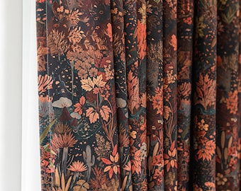 Dark Botanical Floral Blackout Curtains, Vintage Garden Window Drapes, Maximalist Forest Print, Cottagecore Decor