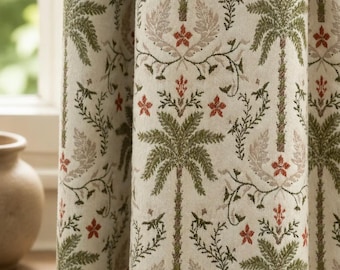 2 Colours Tropical Palm Tree Curtains, Blue Botanical Floral Drapes, Cottage Style Window Panels