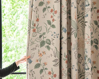 Blackout Floral Linen Curtains, Botanical Drapes, Green Leaf Botanical Print