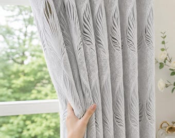 Silver Gray Leaf Embroidered Jacquard Curtain Panels, Luxury Textured Window Drapes