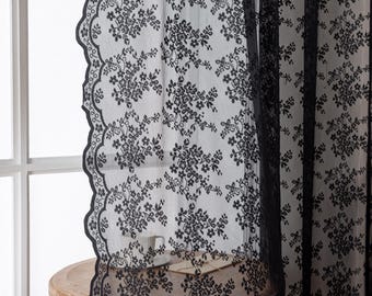 6 Colours Black Lace Floral Sheer Curtains, Romantic Voile Drapes, Polyester Window Panels