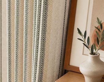 Natural Linen Look Striped Curtain, Green Beige Jacquard Drapes, Minimalist Textured Window Panel
