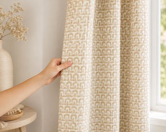 Beige Geometric Curtain Panel, Neutral Boho Window Drapes, Modern Vintage Pattern Polyester Curtains