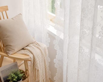 Embroidery White Lace Flower Voile Custom Curtain Made To Measure Sheer Curtain