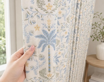 2 Colours Tropical Palm Tree Curtains, Blue Botanical Floral Drapes, Cottage Style Window Panels