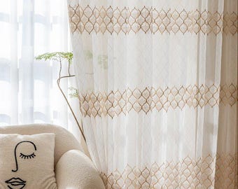 White Geometric Sheer Curtain Panels, Gold Embroidered Voile Window Drapes