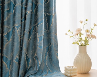 3 Colours Luxury Leaf Embroidered Curtains, Gold Botanical Drapes, Textured Polyester Window Panels