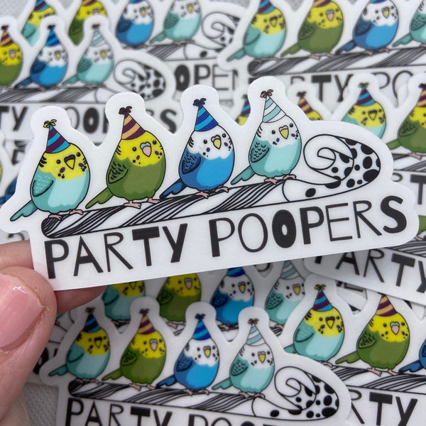 Pudgy Budgie Sticker - "Party Poopers" 4  Budgies in Party Hats Riding a Party Horn -  Large Clear Vinyl Waterproof Weather Resistant Decal