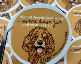 Service Dog Sticker: Goldendoodle Angel Wings Quote, Waterproof 3" Decal
