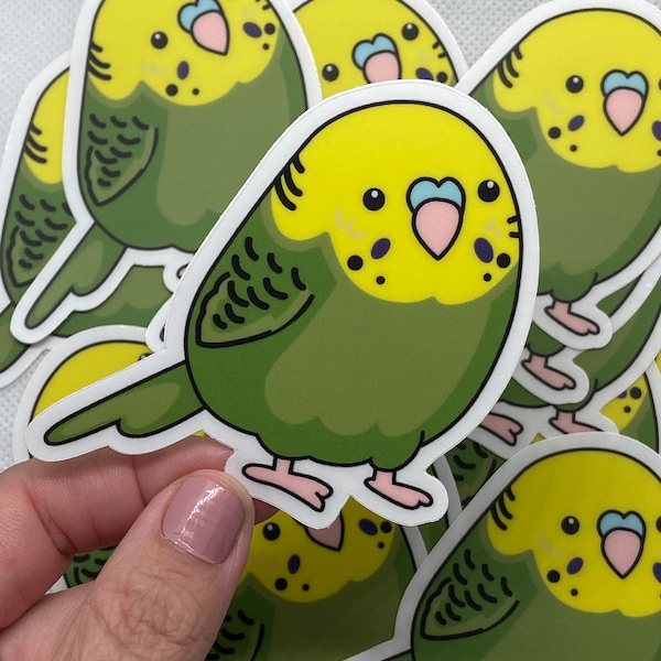 Pudgy Budgie Sticker - 3” Jumbo Waterproof Clear Vinyl Decal - Green & Yellow Plump Parakeet