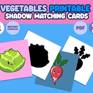 Vegetables printable shadow matching cards. Montessori toddler activity. Kawaii flashcards.