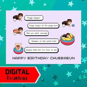 Piggy Dippin TikTok Birthday card: foldable, printable pixel art instant download. Piggy Dippin on the piggy pond viral video cat Chubbabun