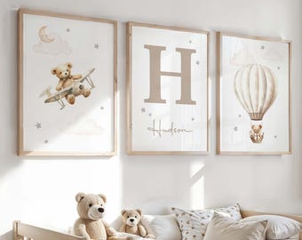 Set of 3 Personalised Teddy Bear Nursery Prints, Bedroom Wall Art, Neutral Beige Nursery, Name Print
