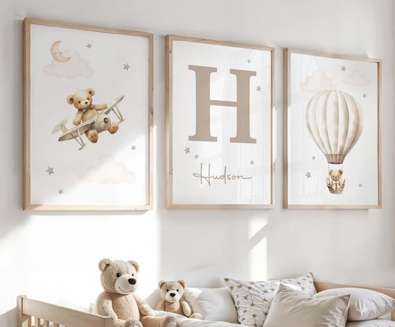 Set of 3 Personalised Teddy Bear Nursery Prints, Bedroom Wall Art, Neutral Beige Nursery, Name Print