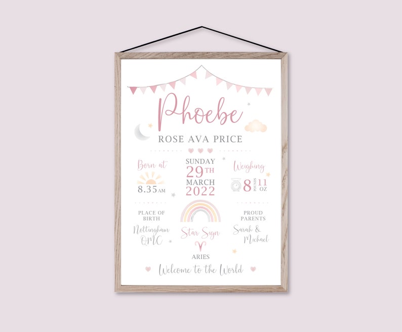 May include: A framed birth announcement with the name "Phoebe" in pink script. The announcement includes details like birth date, time, weight (8 lbs 11 oz), and place of birth, with decorative elements like a rainbow and clouds.