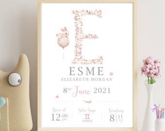 New Baby Personalised Print | Nursery Print | Nursery Poster | New Baby Gift | New Baby Girl | Personalised Print For Girls | Name Print