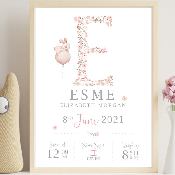 New Baby Personalised Print | Nursery Print | Nursery Poster | New Baby Gift | New Baby Girl | Personalised Print For Girls | Name Print