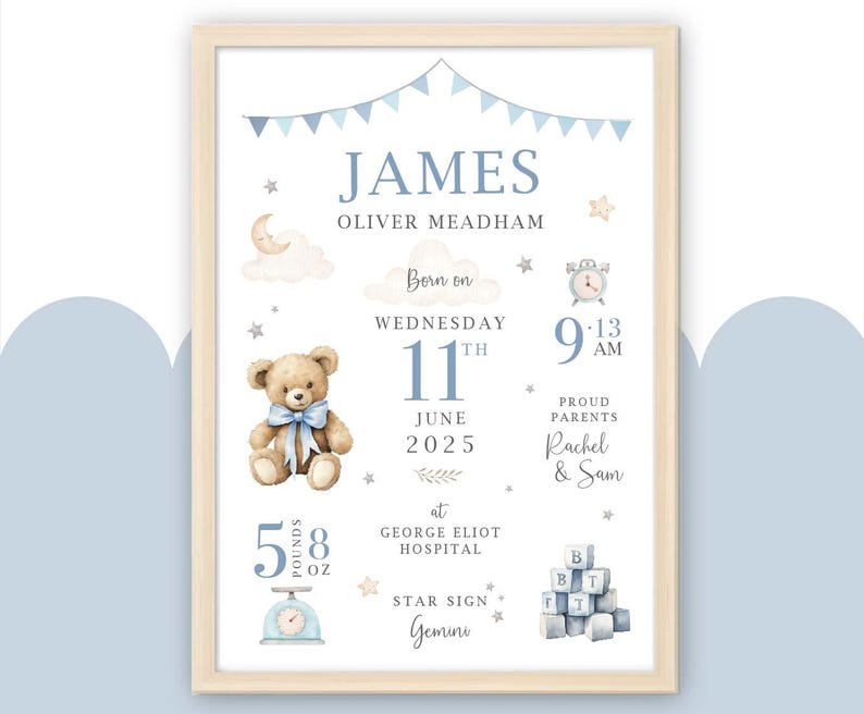 May include: A framed baby announcement print with a light wood frame. The print features the name "JAMES" in blue, along with birth details, a teddy bear, and other illustrations. The baby weighed 5 pounds, 8 ounces.