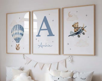 Set of 3 Personalised Teddy Bear Nursery Prints, Boys Nursery, Blue Bedroom Wall Art, Name Print