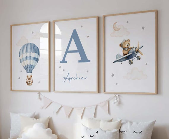 Set of 3 Personalised Teddy Bear Nursery Prints, Boys Nursery, Blue Bedroom Wall Art, Name Print