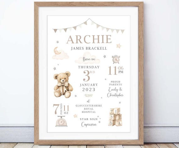 Personalised Teddy Bear Birth Print: New Baby Keepsake, Neutral Nursery Decor (Digital PDF Option Available)